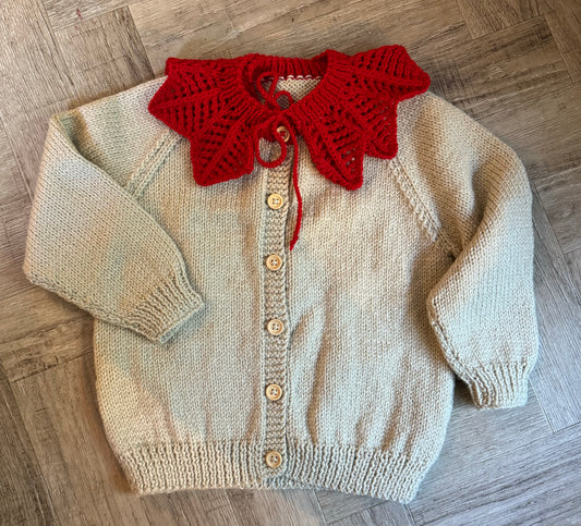 3-4 Years Red and Beige detachable collar cardigan